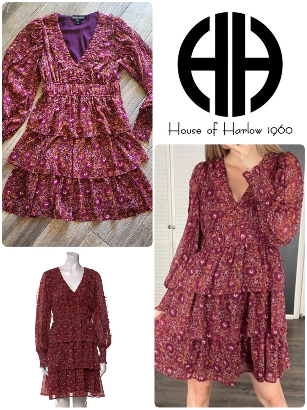House of Harlow 1960 Floral Tiered Ruffle Mini Dress with Sheer Long Sleeves